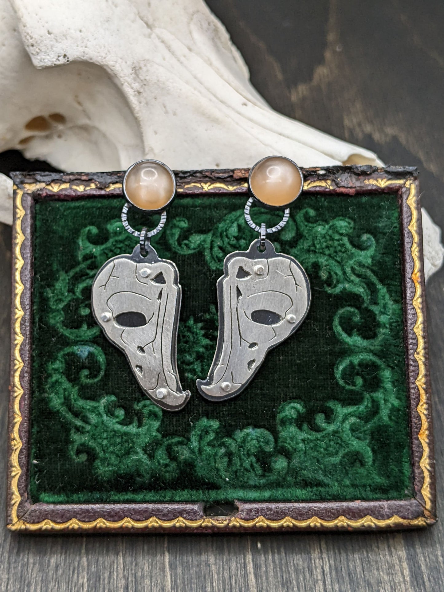 Riveted Owl Skull with Peach Moonstone Dangle Drop Stud Earrings