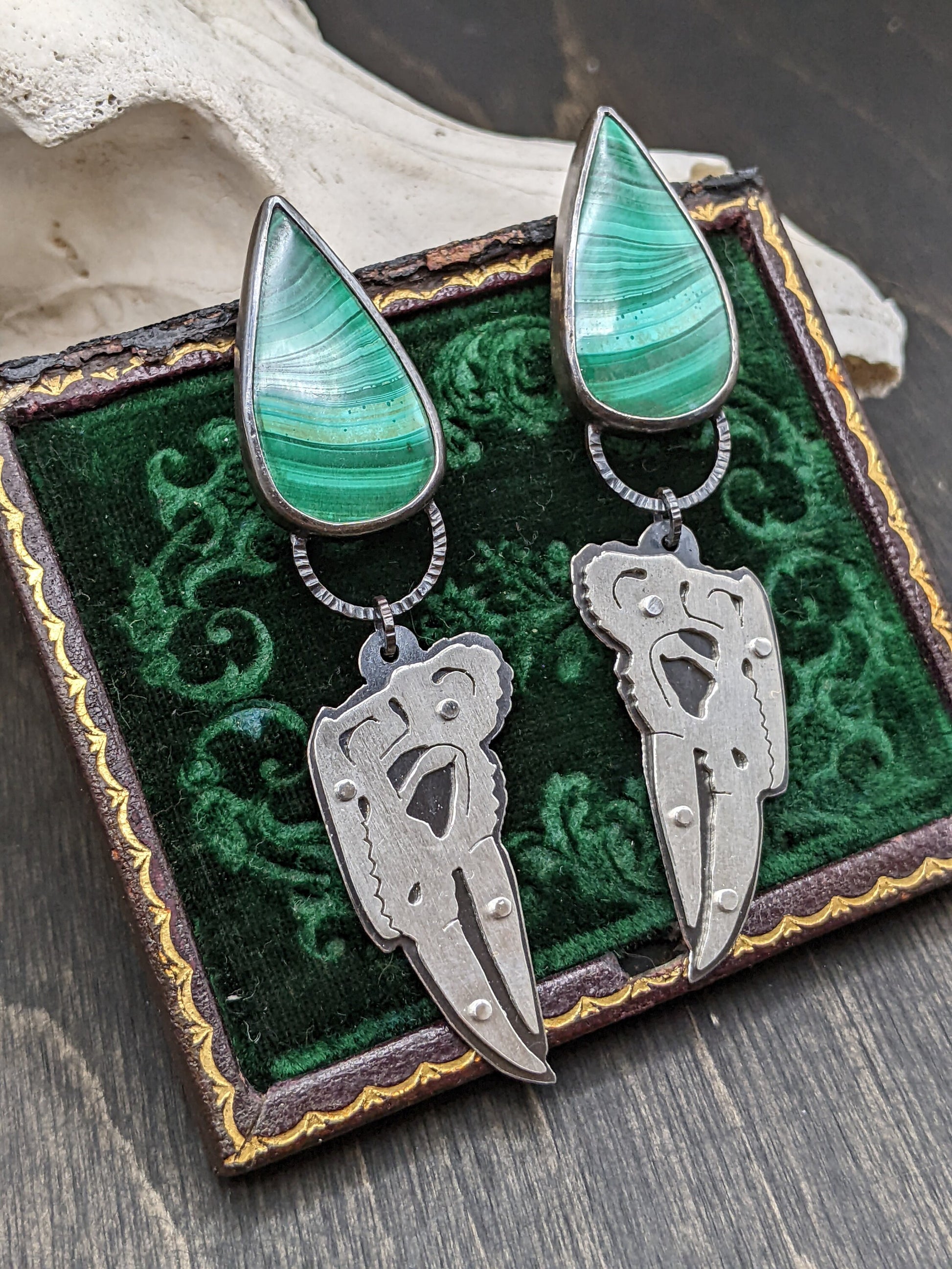 Riveted Chameleon Skull with Malachite Dangle Drop Stud Earrings