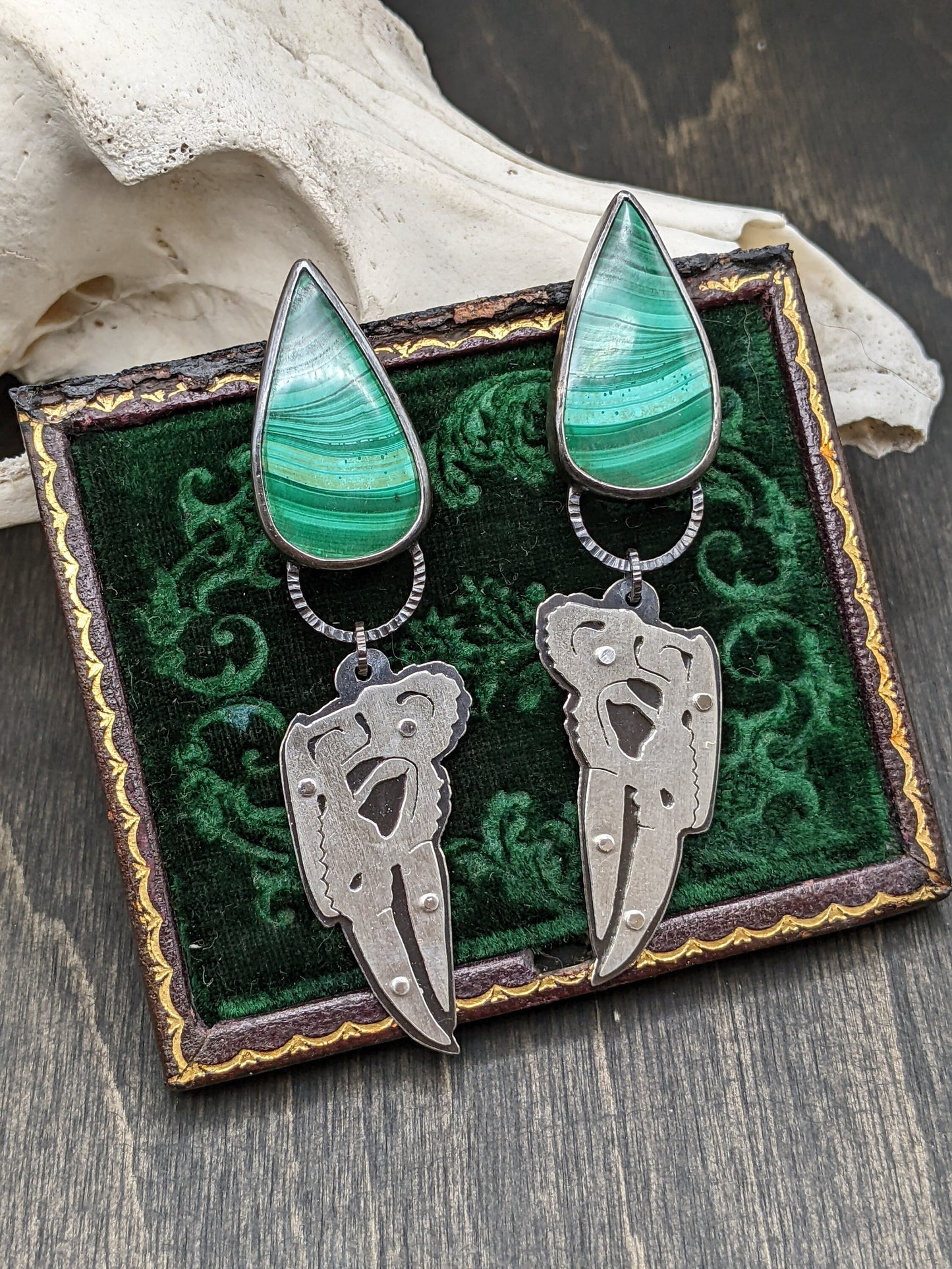 Riveted Chameleon Skull with Malachite Dangle Drop Stud Earrings