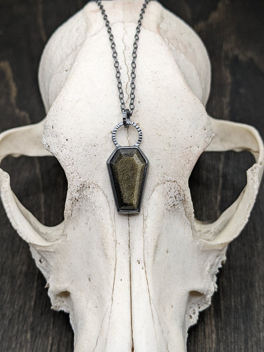 Gold Sheen Obsidian Coffin Textured Sterling Silver Necklace