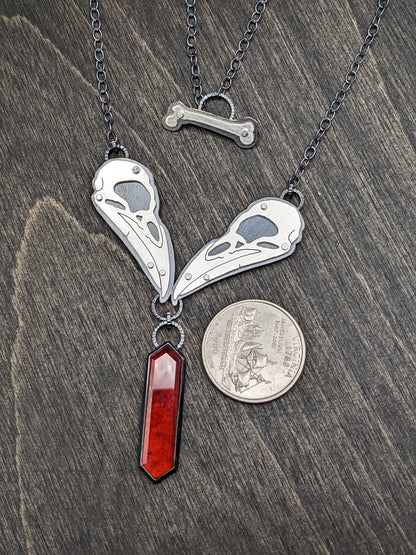 Double Raven Skull and Hessonite Garnet Dangle Drop Necklace