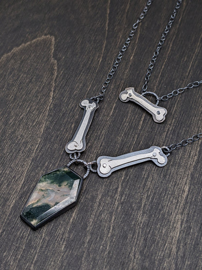 Large Moss Agate Coffin Textured Sterling Silver Necklace with Riveted Femur Bones