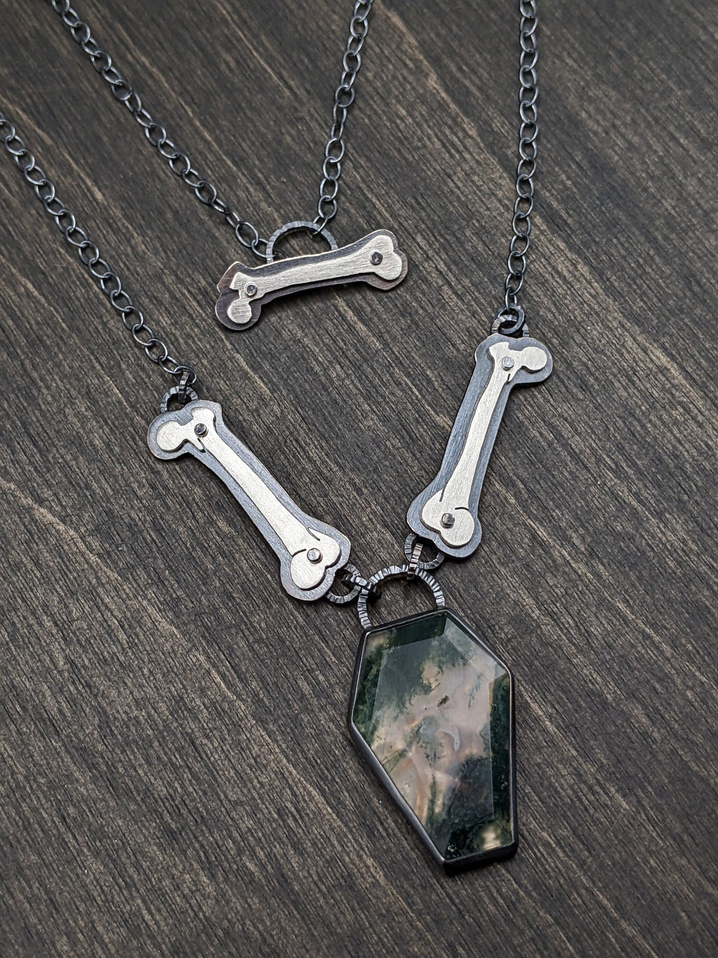 Large Moss Agate Coffin Textured Sterling Silver Necklace with Riveted Femur Bones