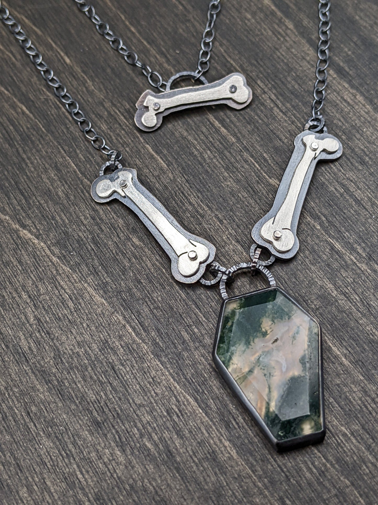 Large Moss Agate Coffin Textured Sterling Silver Necklace with Riveted Femur Bones