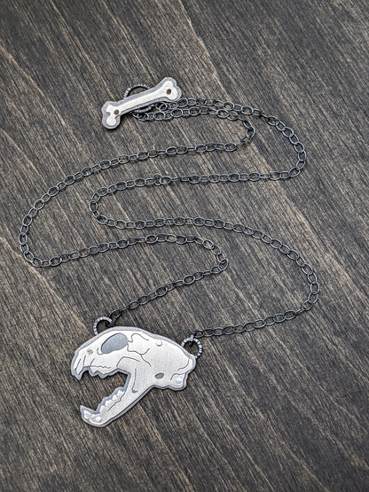 Sterling Silver Riveted Hissing Cat Skull Necklace