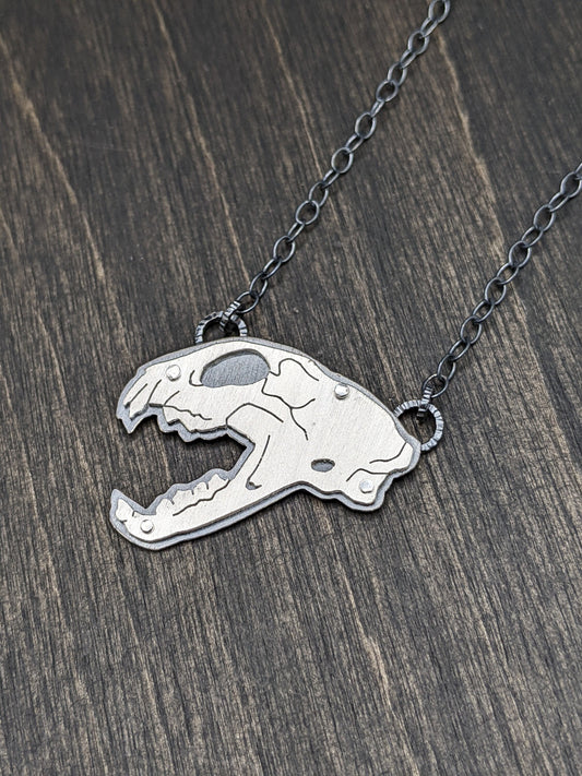 Sterling Silver Riveted Hissing Cat Skull Necklace