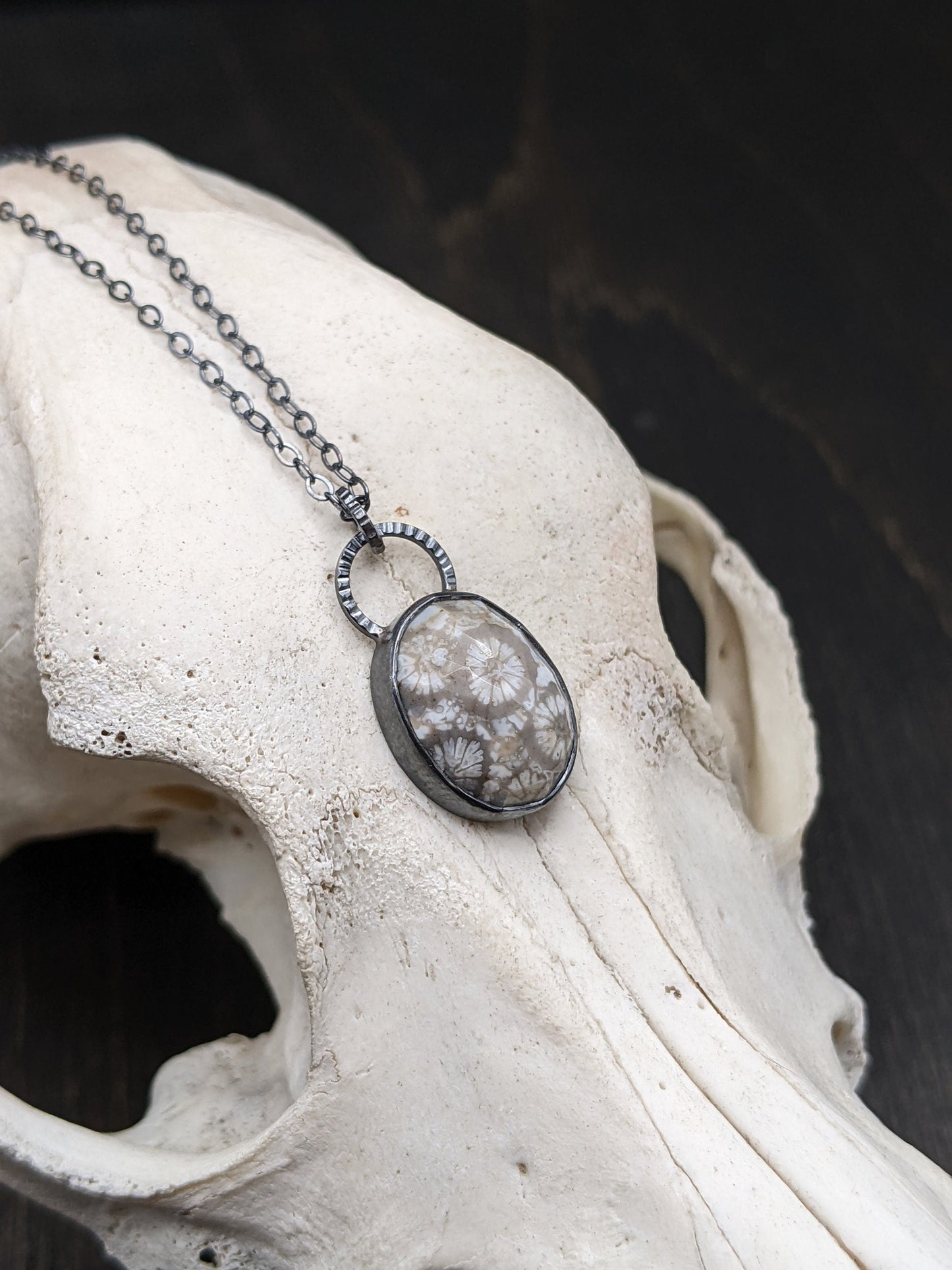 Gray Fossilized Coral Rose Cut Oval Textured Sterling Silver Necklace