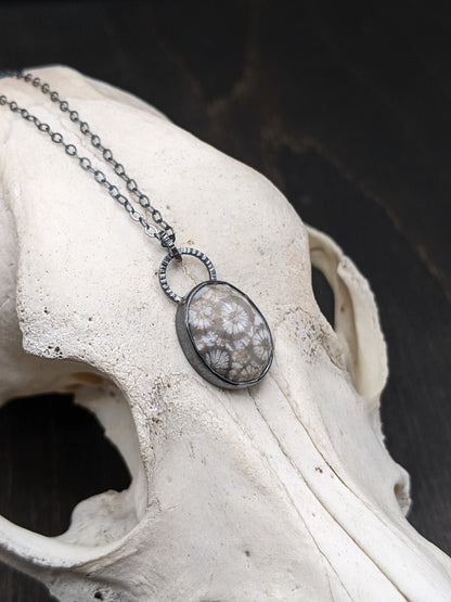 Gray Fossilized Coral Rose Cut Oval Textured Sterling Silver Necklace