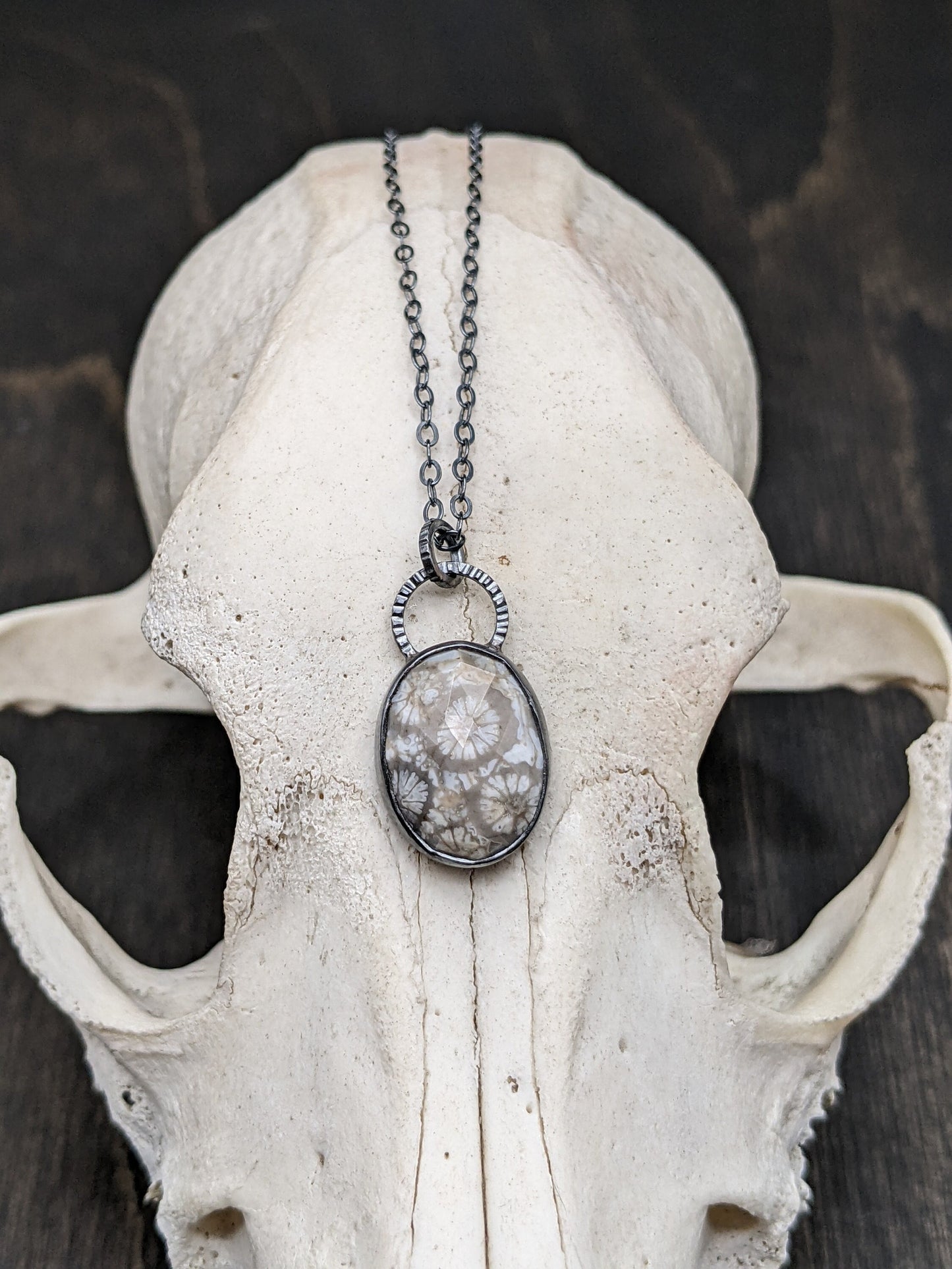 Gray Fossilized Coral Rose Cut Oval Textured Sterling Silver Necklace