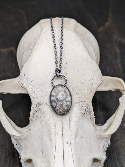 Gray Fossilized Coral Rose Cut Oval Textured Sterling Silver Necklace