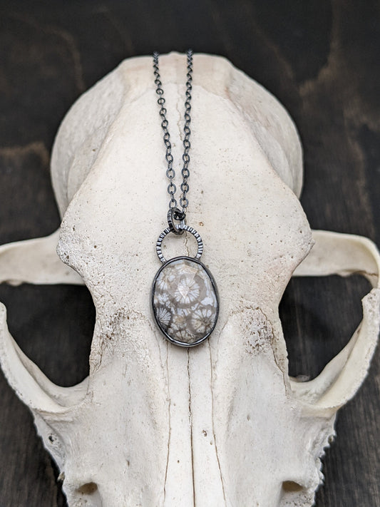 Gray Fossilized Coral Rose Cut Oval Textured Sterling Silver Necklace