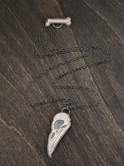 Sterling Silver Riveted Raven Bird Skull Necklace