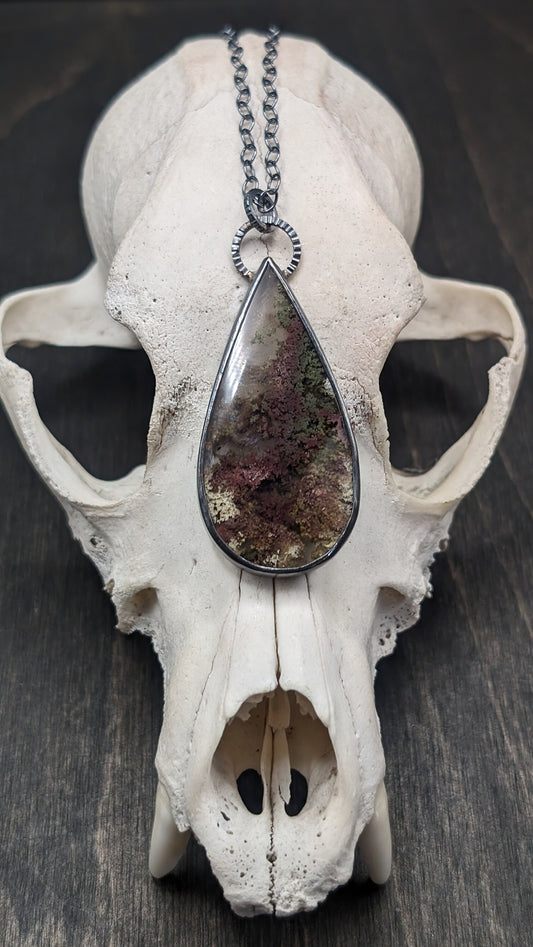 XL Scenic Plume Moss Agate Teardrop Textured Sterling Silver Necklace