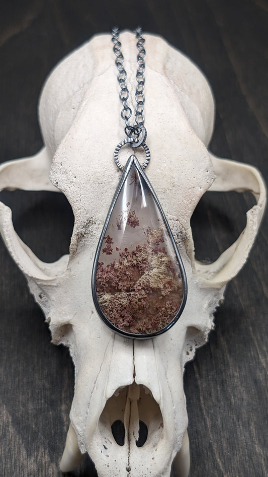 XL Scenic Plume Moss Agate Teardrop Textured Sterling Silver Necklace