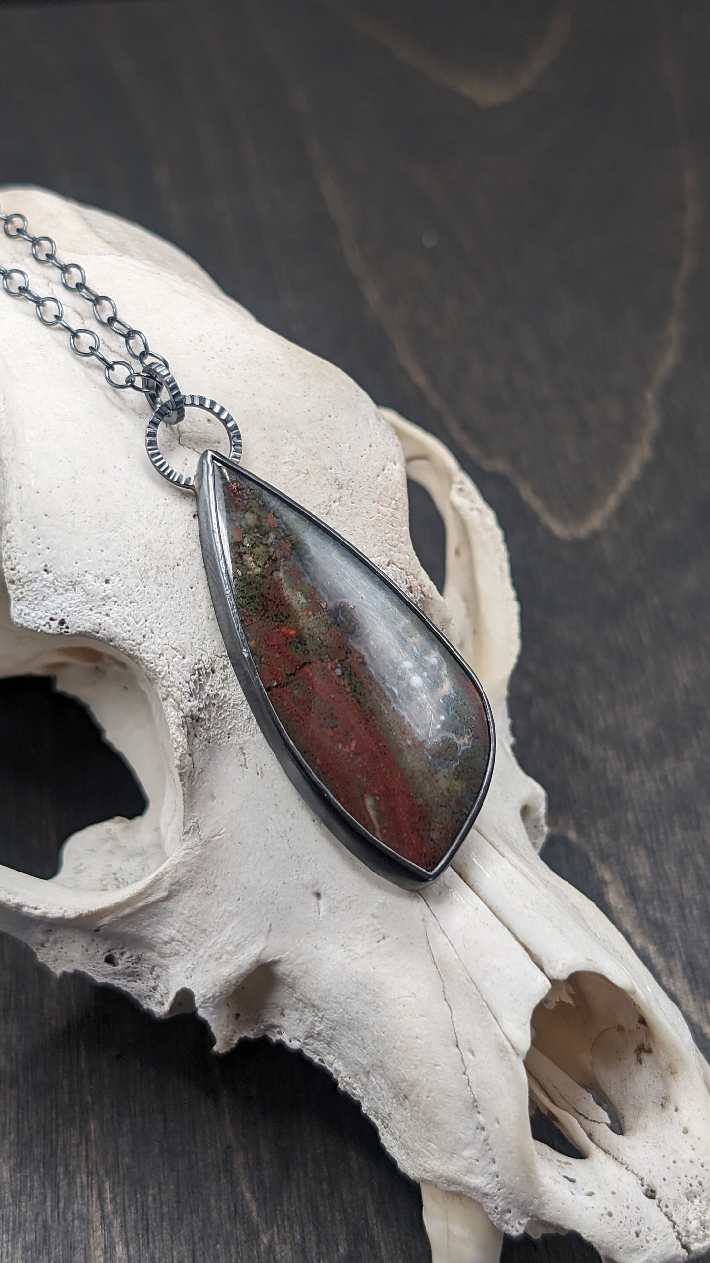 XL Scenic Plume Moss Agate Flame Textured Sterling Silver Necklace
