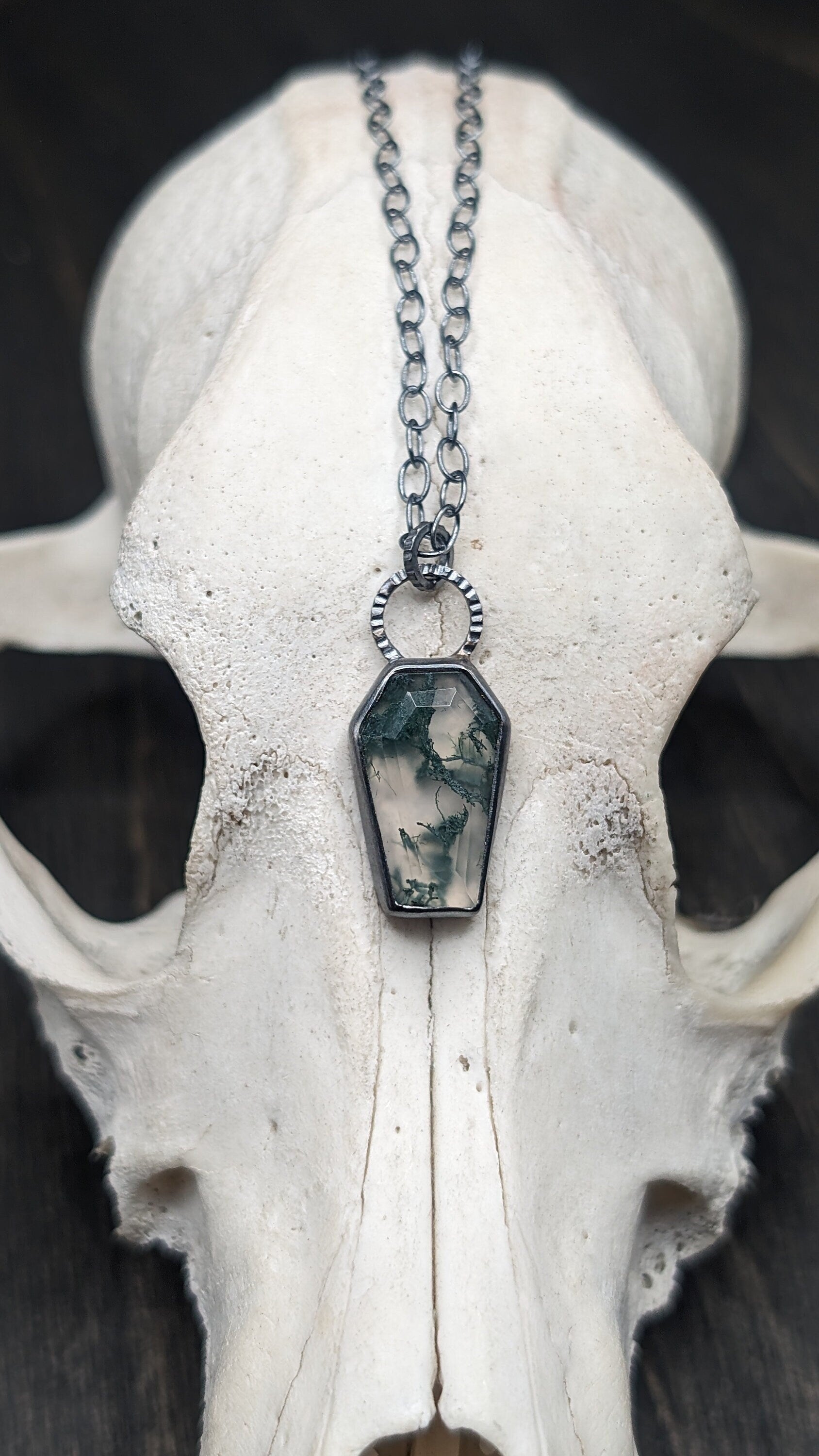 Moss Agate Coffin Textured Sterling Silver Necklace