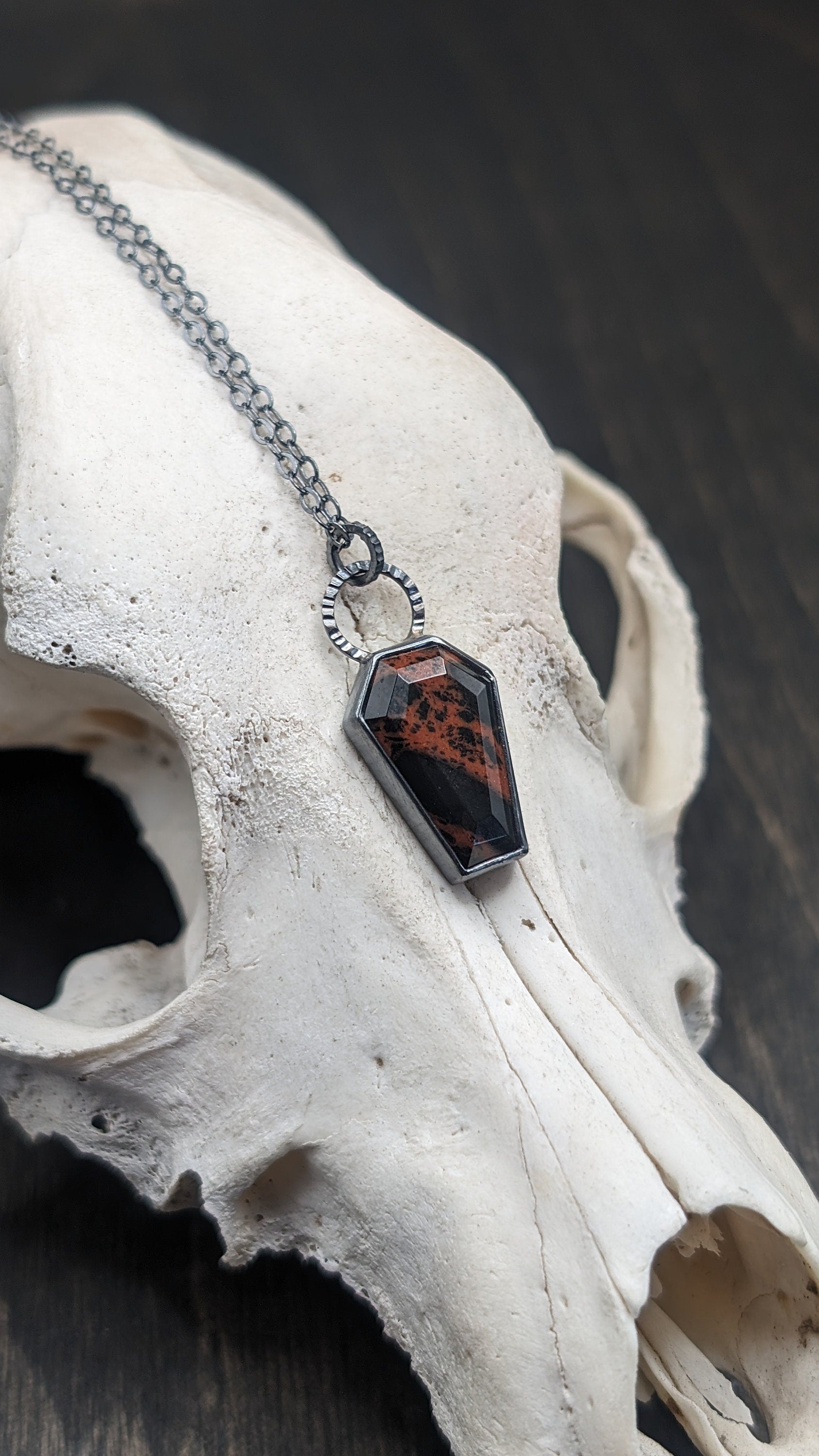 Mahogany Obsidian Coffin Textured Sterling Silver Necklace