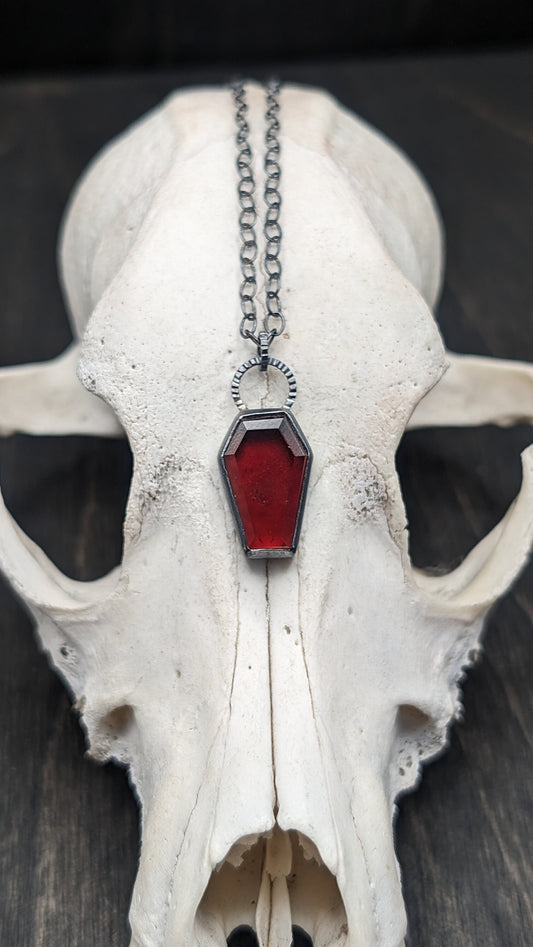 Hessonite Garnet Coffin Textured Sterling Silver Necklace