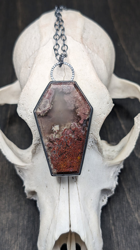 XL Scenic Plume Moss Agate Coffin Textured Sterling Silver Necklace