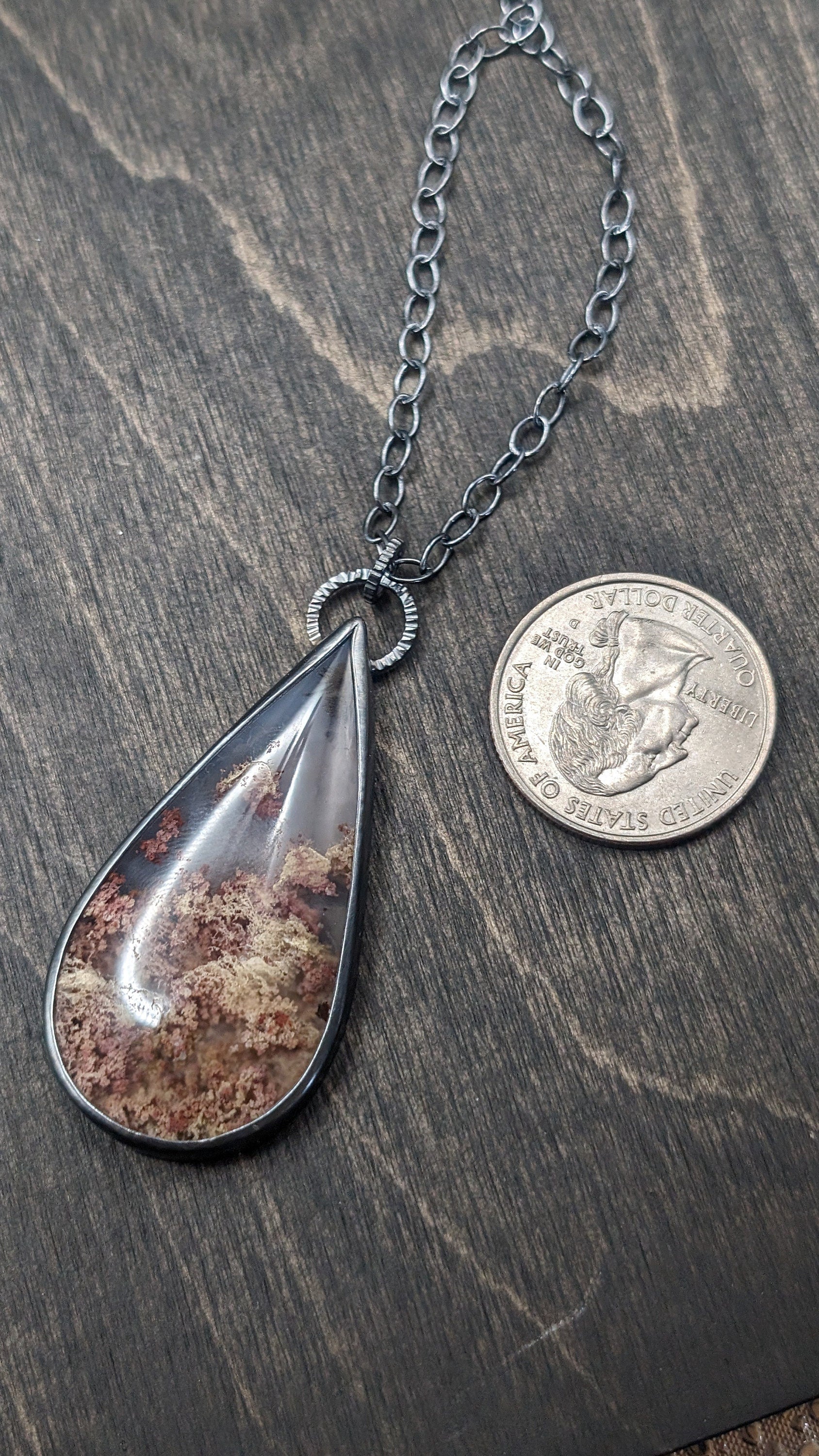 XL Scenic Plume Moss Agate Teardrop Textured Sterling Silver Necklace