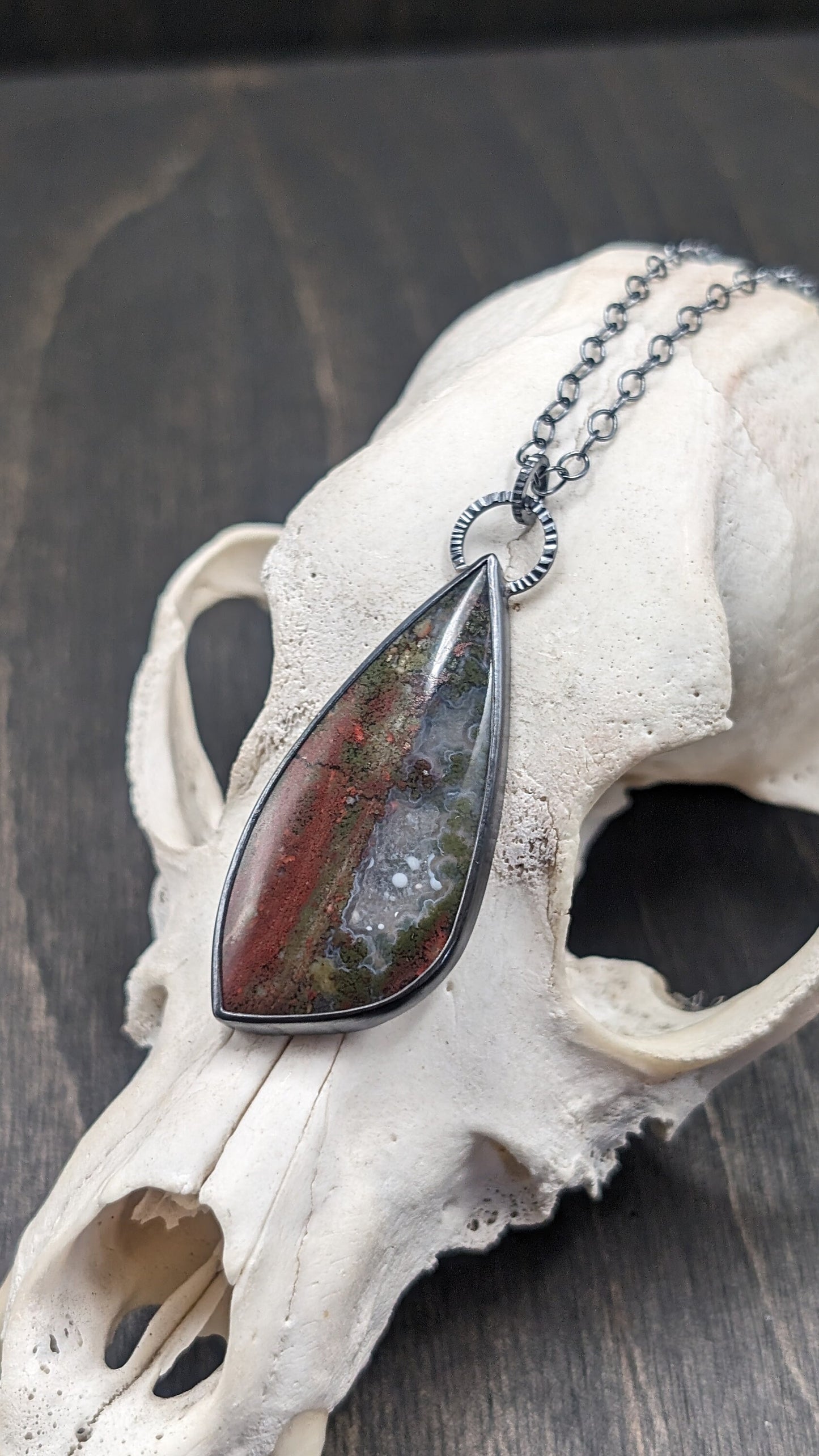 XL Scenic Plume Moss Agate Flame Textured Sterling Silver Necklace