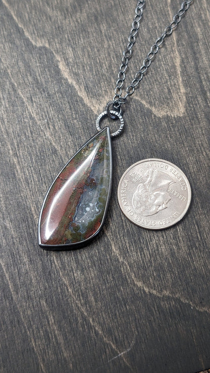 XL Scenic Plume Moss Agate Flame Textured Sterling Silver Necklace
