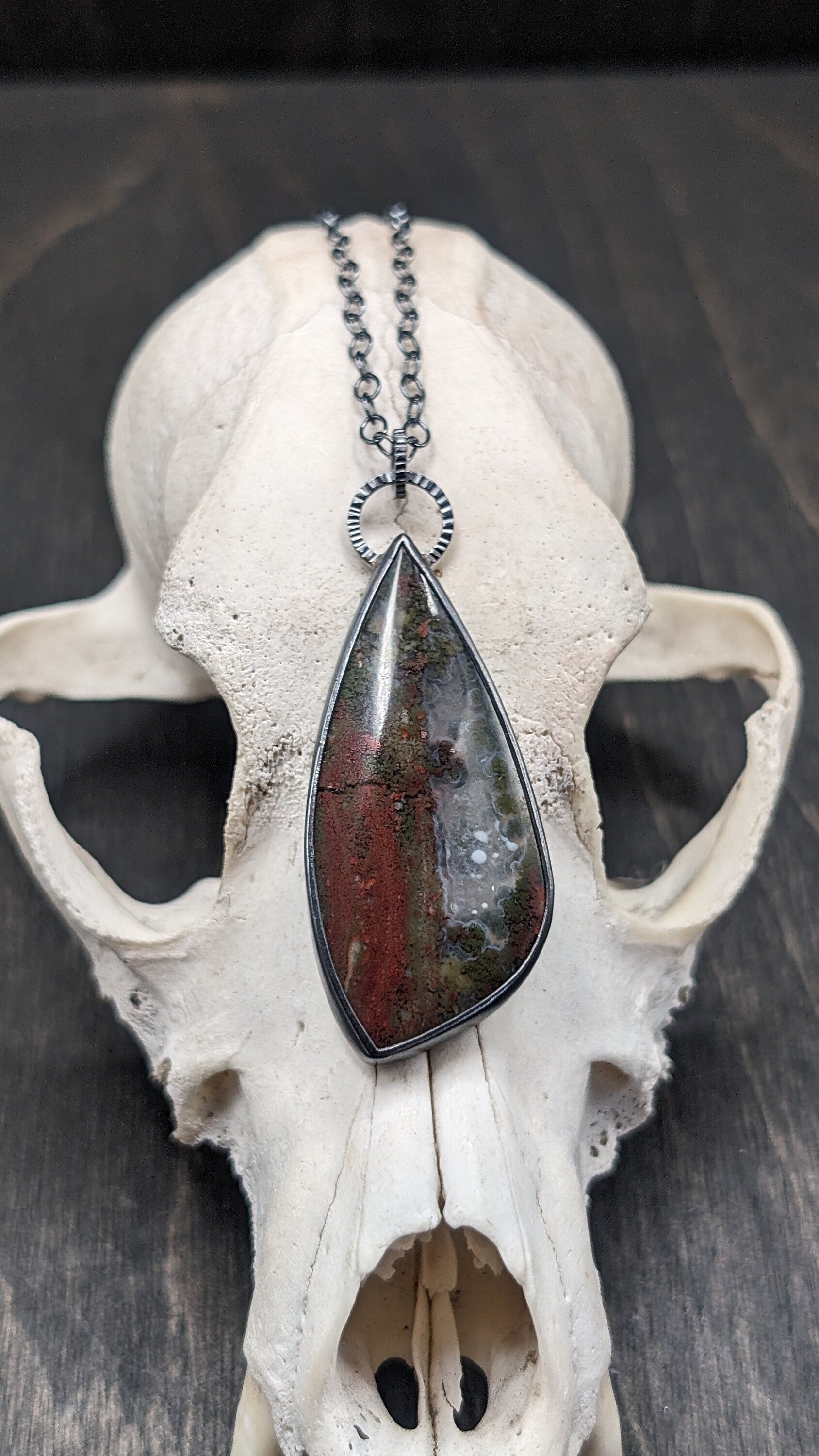 XL Scenic Plume Moss Agate Flame Textured Sterling Silver Necklace