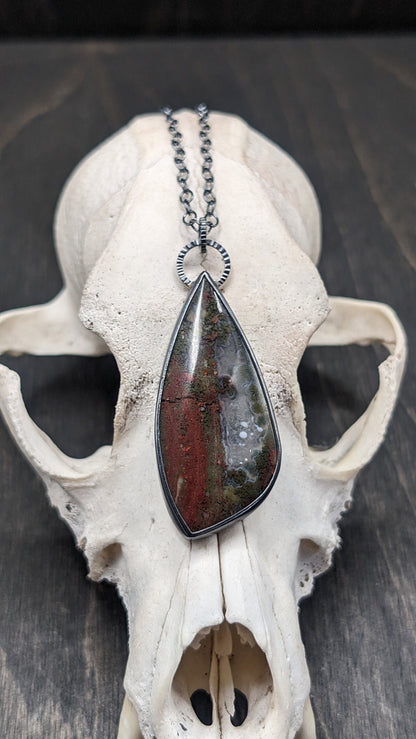 XL Scenic Plume Moss Agate Flame Textured Sterling Silver Necklace