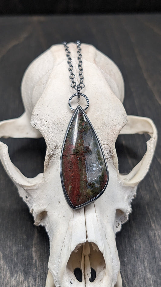 XL Scenic Plume Moss Agate Flame Textured Sterling Silver Necklace