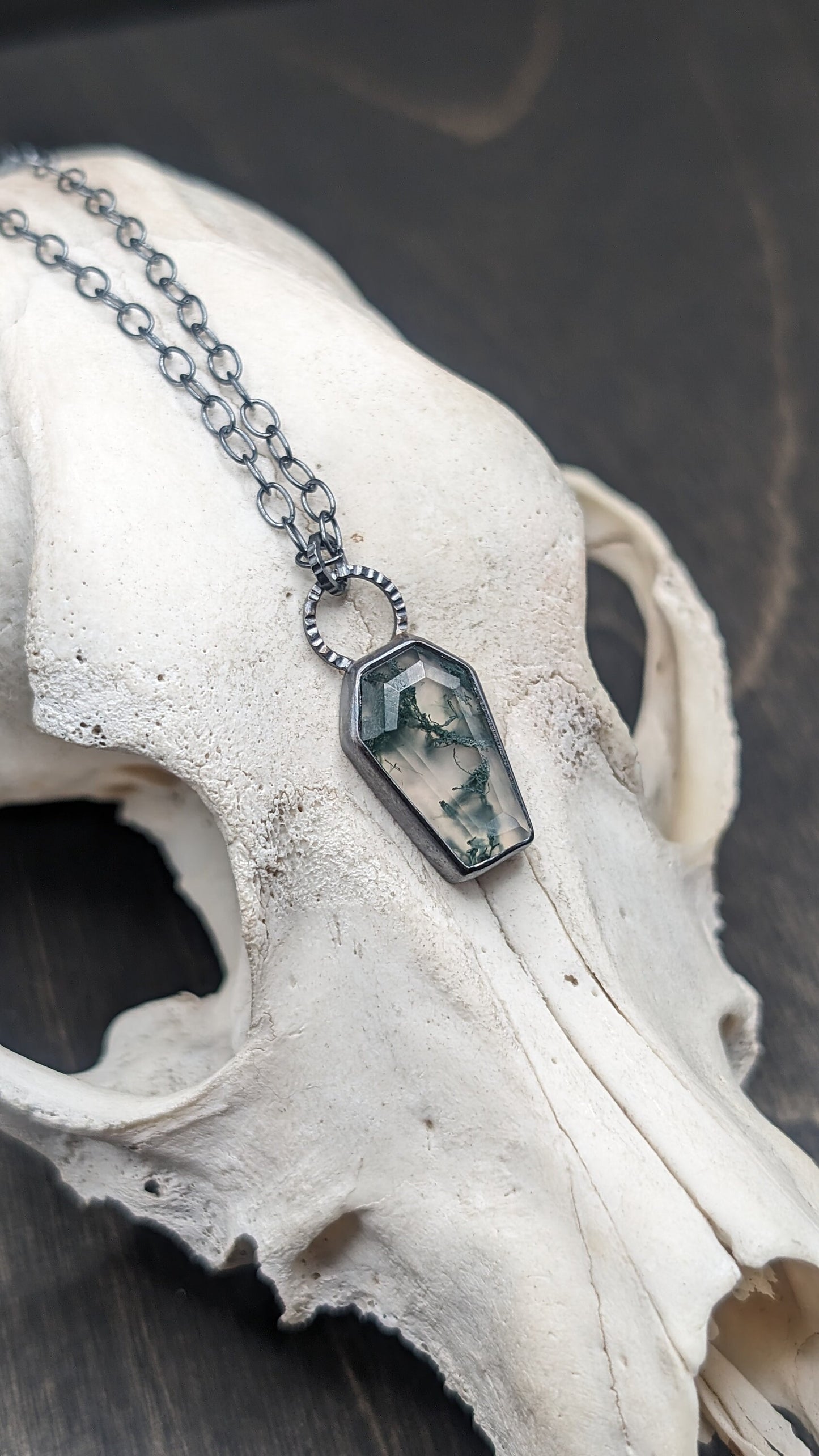 Moss Agate Coffin Textured Sterling Silver Necklace