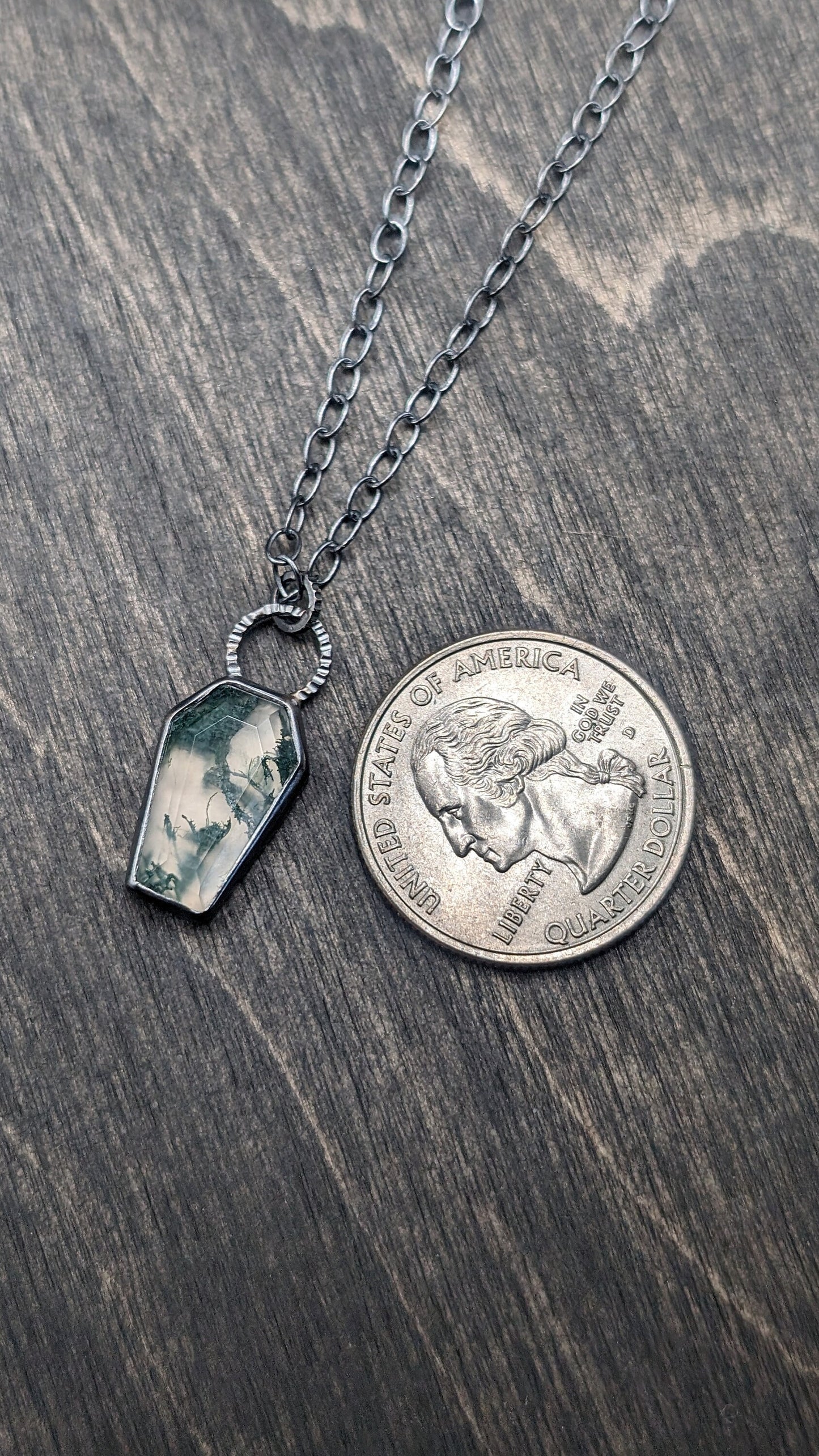 Moss Agate Coffin Textured Sterling Silver Necklace